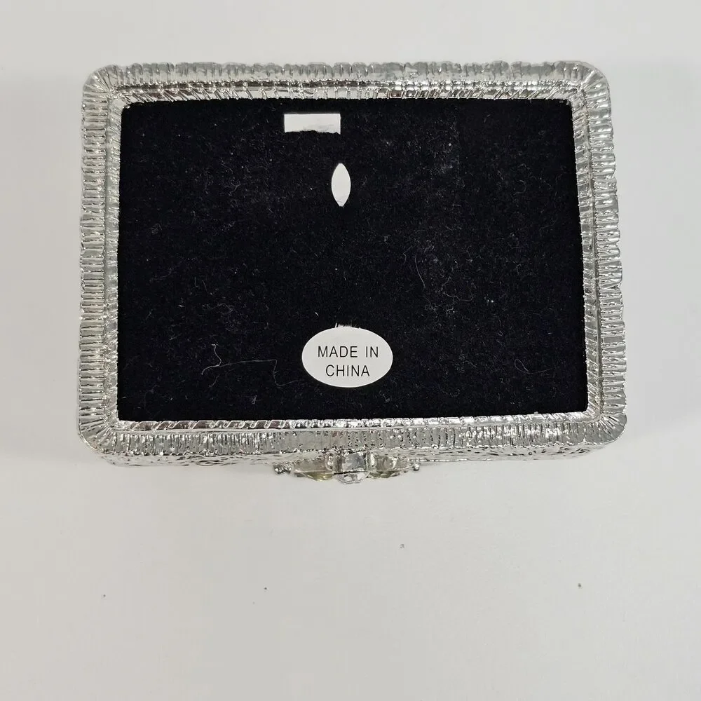 Silver Metal Rhinestone Trinket Box Ring Holder 3.5x2.5×1.5 Wedding Glam Bling